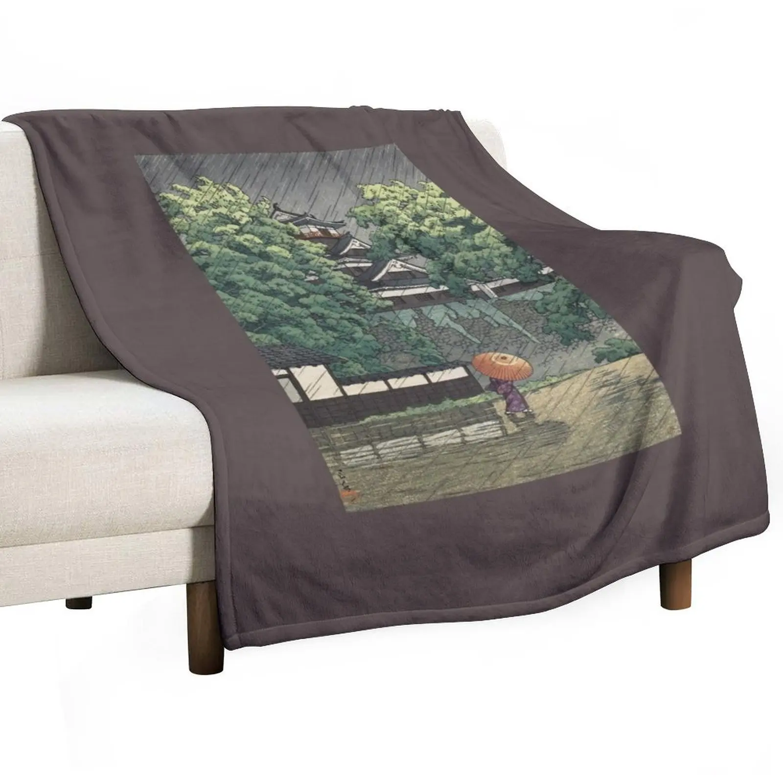 Udo Tower, Kumamoto Castle in Rain - Kawase Hasui Throw Blanket Beach Loose Soft Plaid Blankets