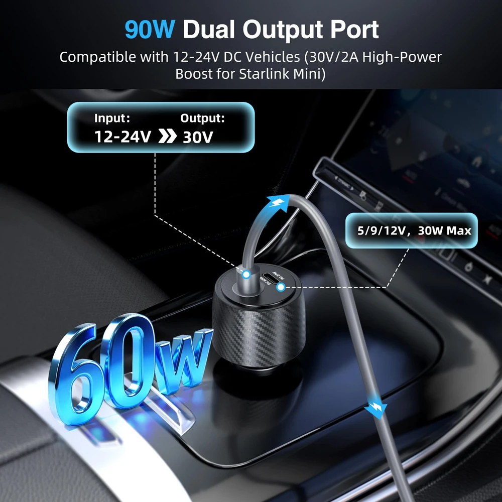 For Starlink Mini Car Charger Adapter 90W 2-in-1 12V-24V to 30V Converter Portable Power  USB C 9V 3A for RV Camping SUV Yacht