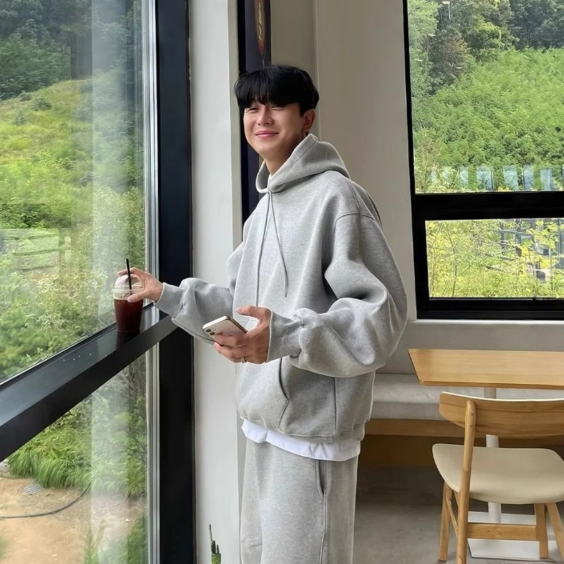 Men's Heavyweight Fleece Tracksuit 2 Piece Set Casual Loose Hoodie Joggers American Streetwear Spring Autumn Winter