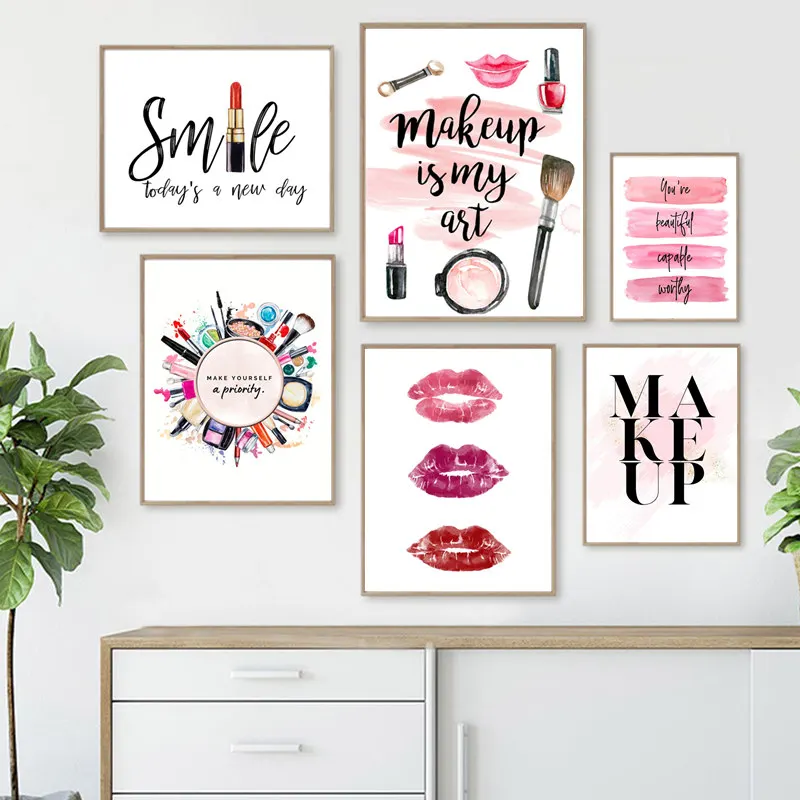Fashion Poster Lipstick Makeup Brushes Canvas Print Wall Art Painting Cosmetic Pictures Beauty Posters Girl Room Home Decoration