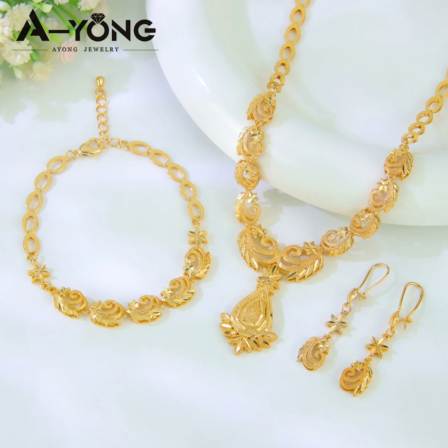 Luxuriöses Dubai Brautschmuck-Set 21k Vergoldet Nigeria Elegante Halskette Armband Ohrringe Arabischer Frauen Party-Schmuck – Detail 22