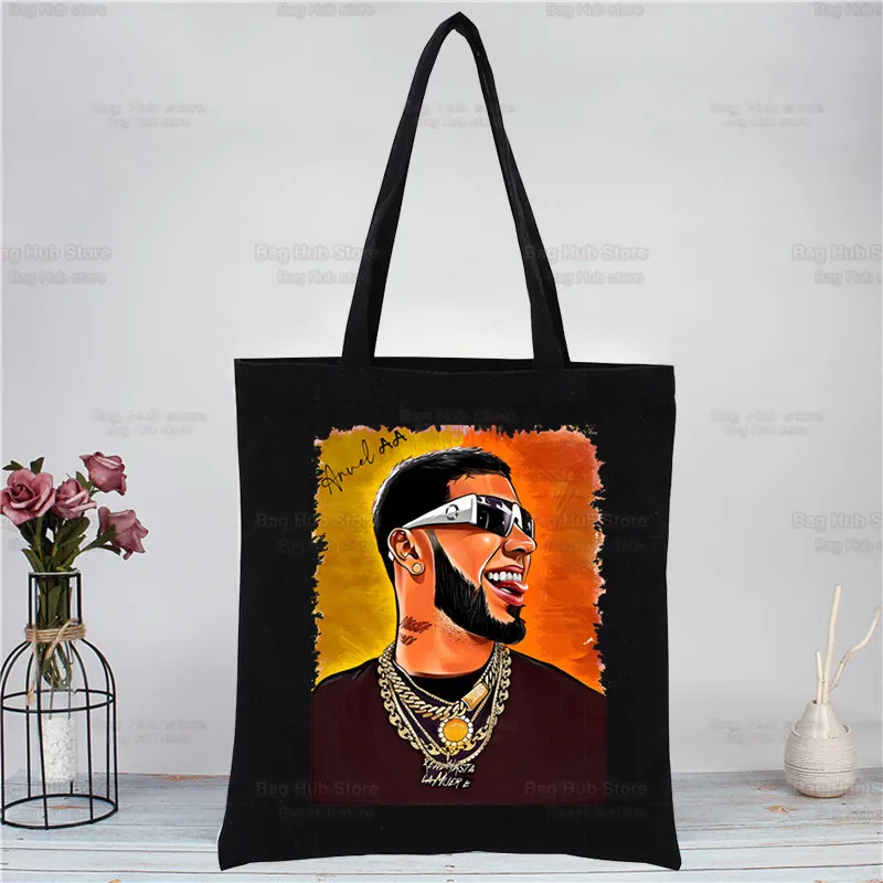 Anuel AA Anuel Vintage Hasta La Muerte Black Canvas Bag Casual Large Hand Bags Women Shopping Handbag Print Large Capacity Bag