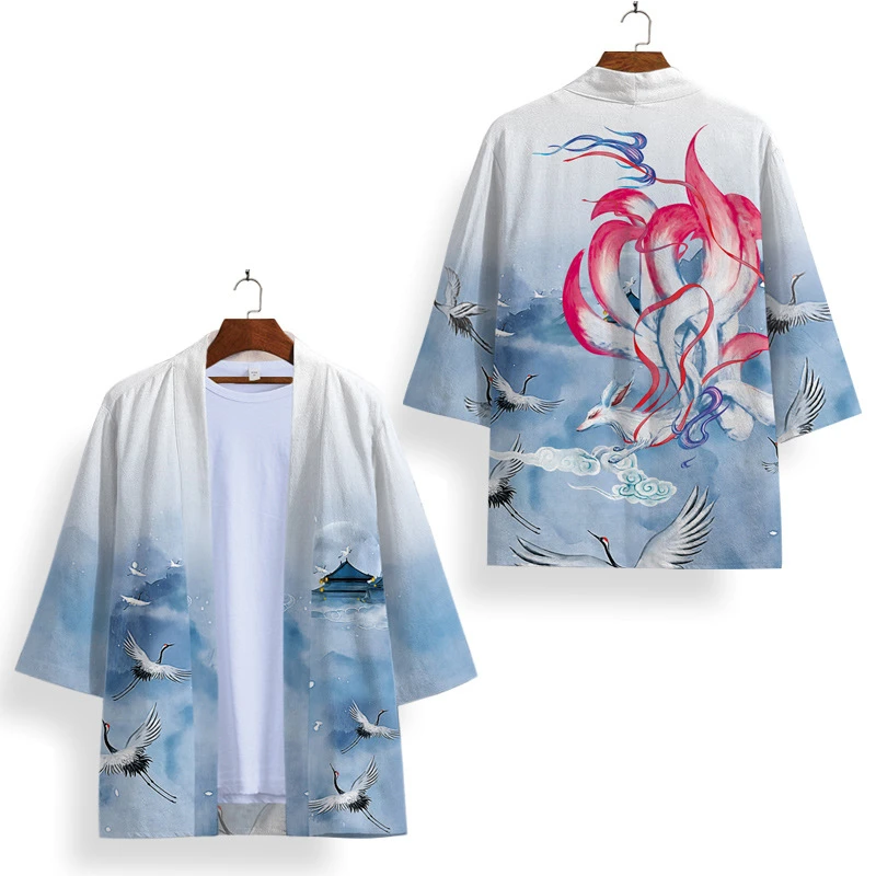 Japanese Men Haori Retro Kimono And Shorts Set Beach Cardigan Sunscreen Loose Blue Nine-tailed Fox Kimono Shirt Yukata