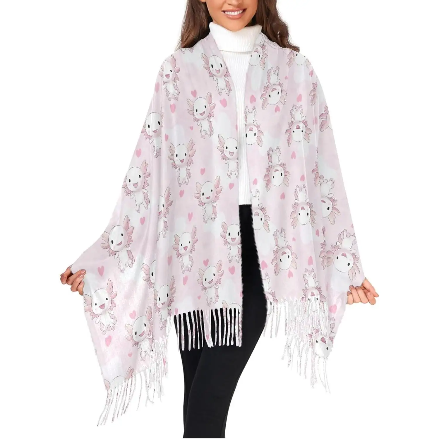 

Милый мультяшный шарф с аксолотлями и сердечками, зимний шарф с имитацией кашемира, шаль, мягкий теплый подарок для мужчин и женщин