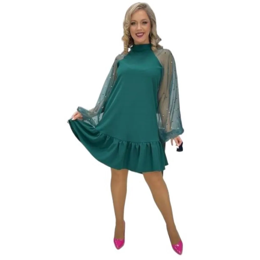 Casual collo alto aderente per abiti da donna nuova primavera autunno moda manica trasparente abito a maniche lunghe patchwork in pizzo foglia di loto