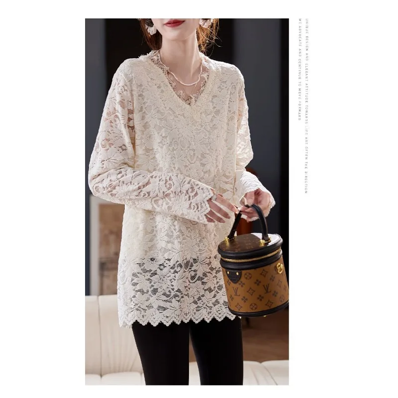 Autumn Winter New Style V-neck Fashion Temperament Versatile Lace Shirt Women's Style Foreign Style Hollow Versatile Trend