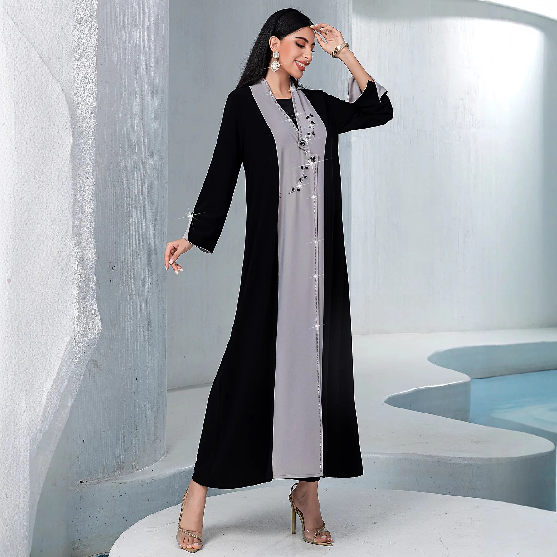 Open Voorzijde Abaya Diamanten Moslim Lange Mouw Arabische Abaya Midden-Oosten Turkije Kaftans Vrouwen Jalabiya Islamitische Maxi Jurk Turkije