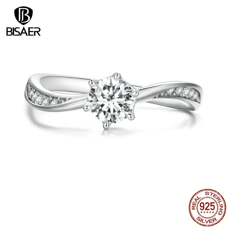 BISAER 100% 925 Sterling Silver Six Prong Zircon Ring Plated Platinum Promise Rings for Women Wedding Original Fine Jewelry Gift