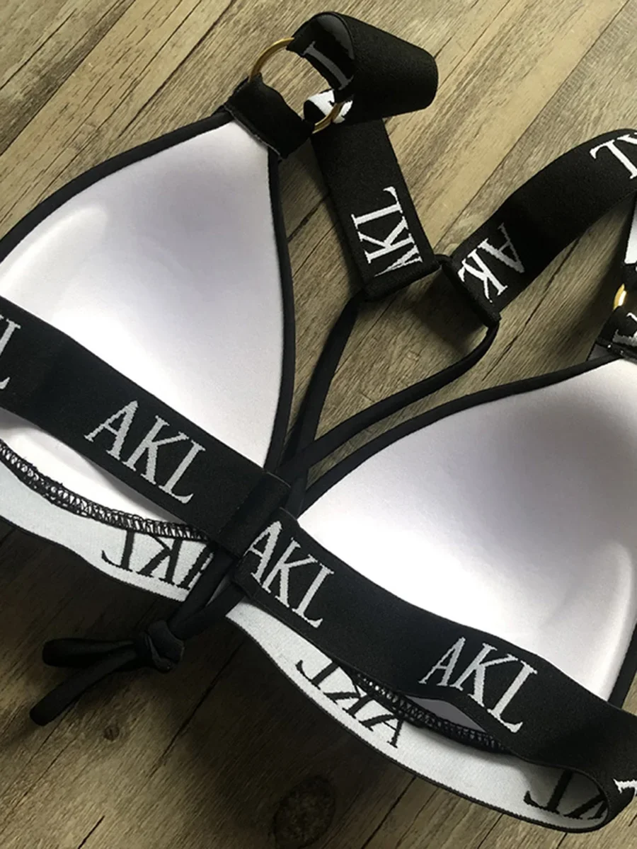 여성용 섹시한 레터 프린트 푸시업 비키니 수영복, 투피스 비키니 세트, 브라 컵, 목욕 세트, 수영 비치웨어, 2024