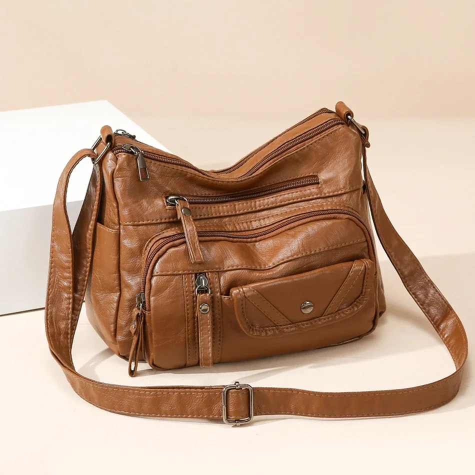 

Retro Casual Female Multi Pocket Shouder Bags Fashion Soft Leather Crossbody Bags for Women Luxury Designer Handbags and Purses