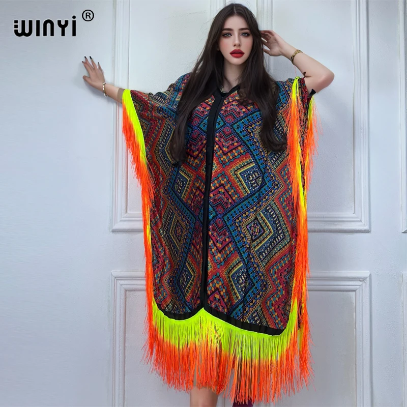 WINYI Fashion gradient tassel print loose dress beach Cover-up V-neck fashion kaftan sexy Holiday African wamen evening dress