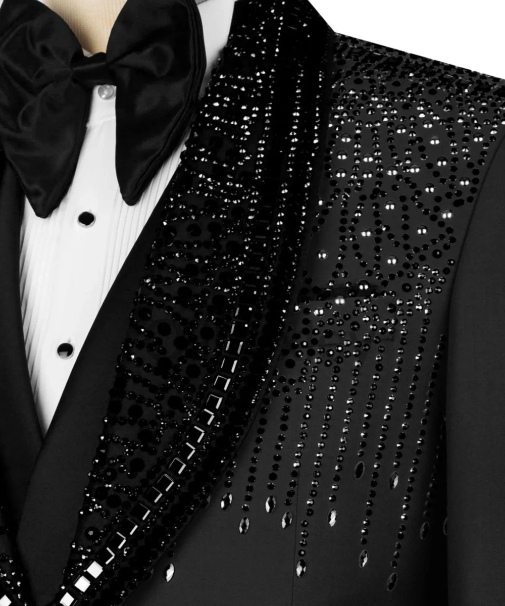 Olibexley Sparkly Black Crystal Men Suit Beaded Diamond One Breasted Glitter Groom Wedding Tuxedos Slim Homme Customized S34