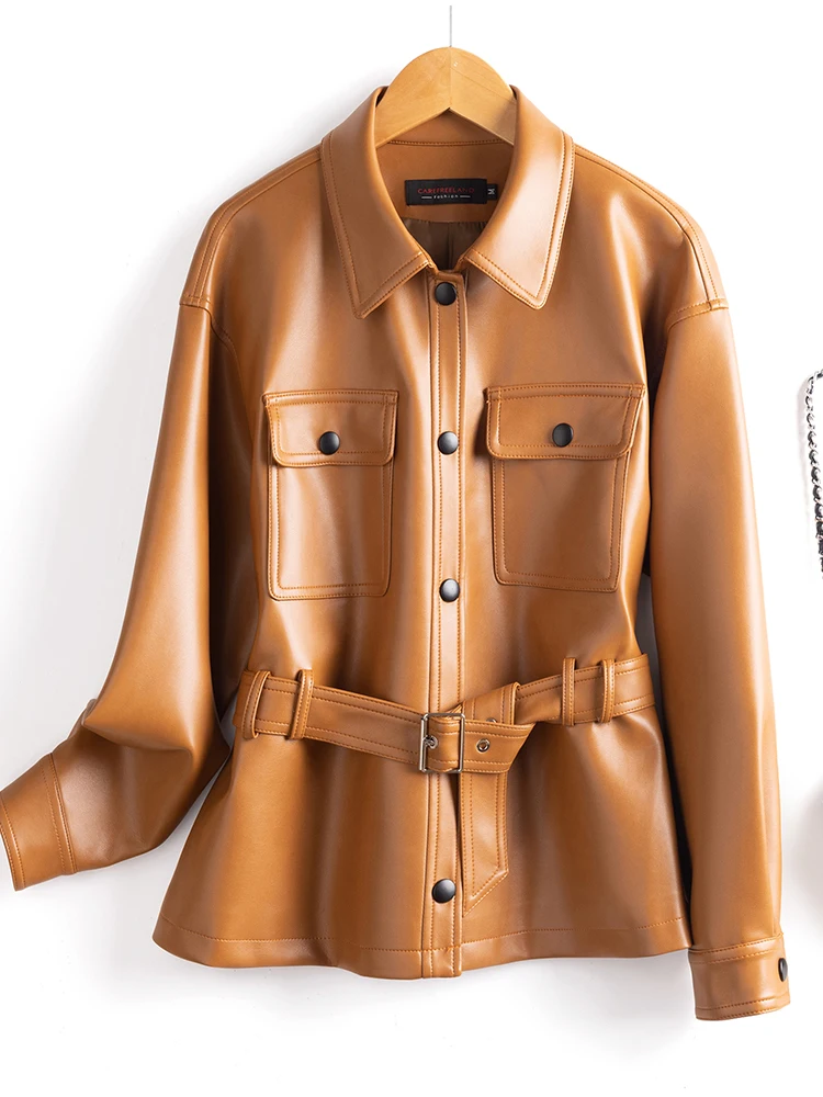 Frauen Kleidung Elegante Weibliche Leder Mantel Revers Gürtel Jacken Streetwear Schwarz Büro Dame 2025