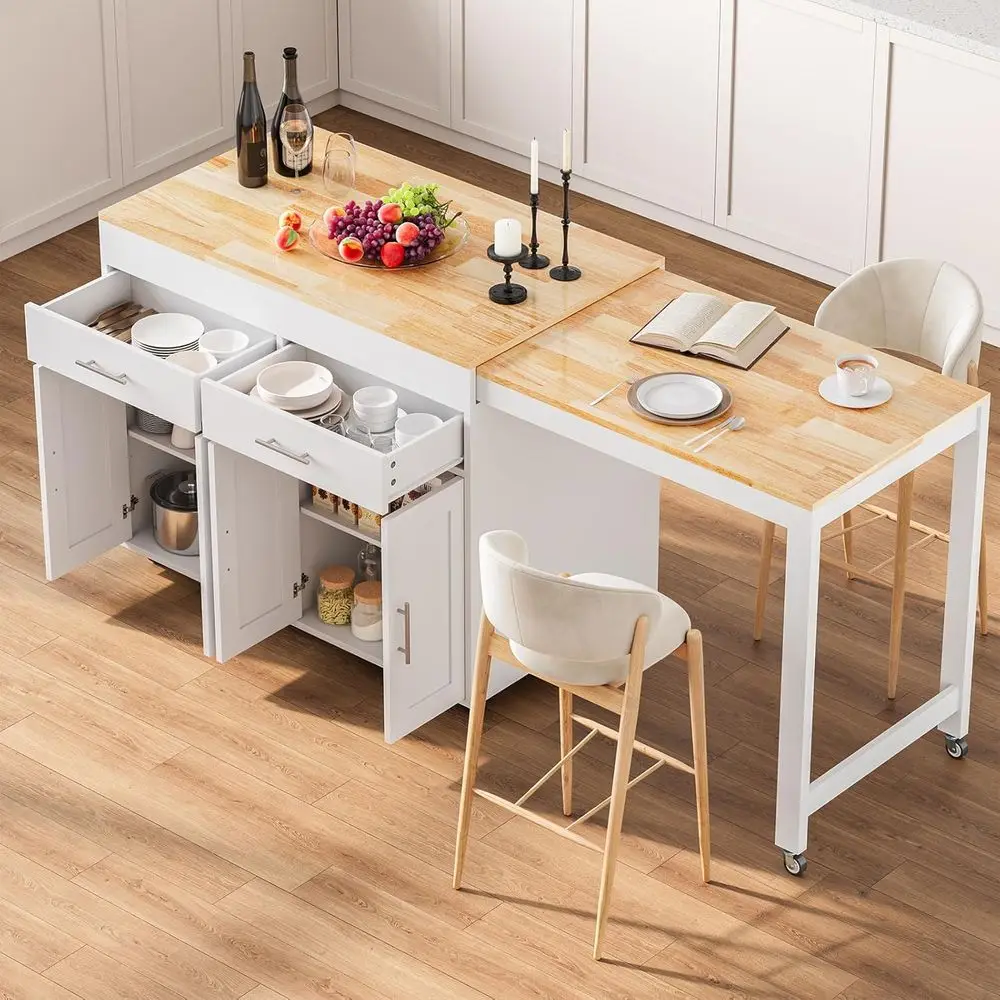 78 White Rolling Kitchen Island with Extendable Dining Table and Storage Cabinet for Kitchen & Dining Room