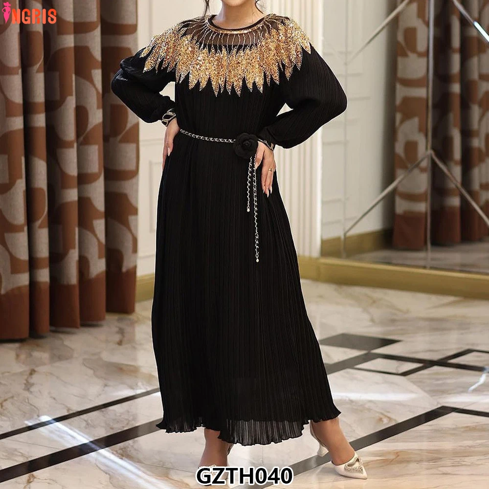 

2025 Fall Roman Waist Pleated Midi Dress, Women's Empire Patchwork Sequined Mesh Dress-GZTH040