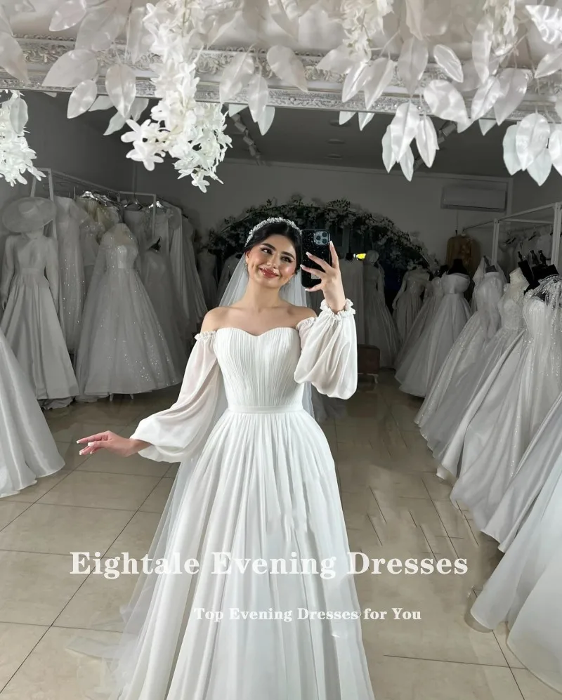 Eightale Arabic Wedding Dress Sweetheart Customized Ivory Chiffon Pleats Long Sleeves Bridal Gown A-Line Bride Party Dress
