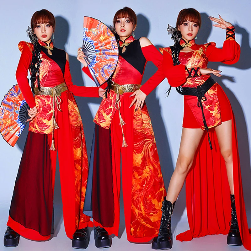 

Cheerleader Uniform Women Red Chinese Style Jazz Dancer Outfit Festival Clothing Adult Performance Costume K pop Outfit XH1238