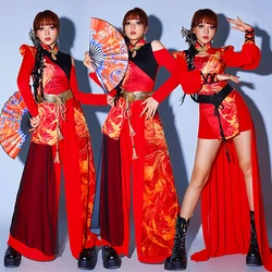 Cheerleader Uniform Women Red Chinese Style Jazz Dancer Outfit Festival Clothing Adult Performance Costume K pop Outfit XH1238