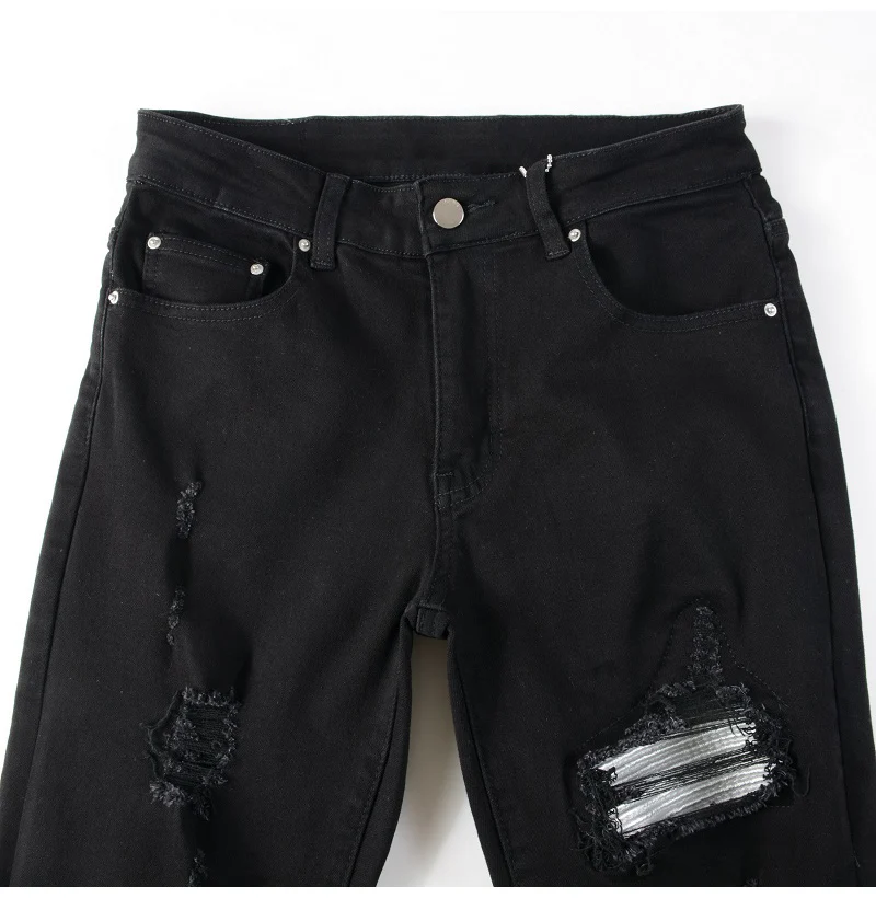 Herren Jeans mit Silber-Leder-Patches, Streetwear, Skinny Tapered Stretch Denim Hose mit Löchern, Ripped Patchwork Schwarze Hose – Detail 6