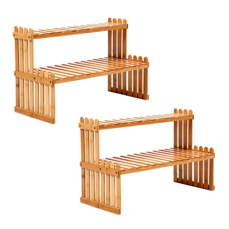 

2X 2 Layers Bamboo Storage Rack Kitchen Spice Jar Bottle Seasoning Rack Decoration Organizer Shelf Home Desktop Racks