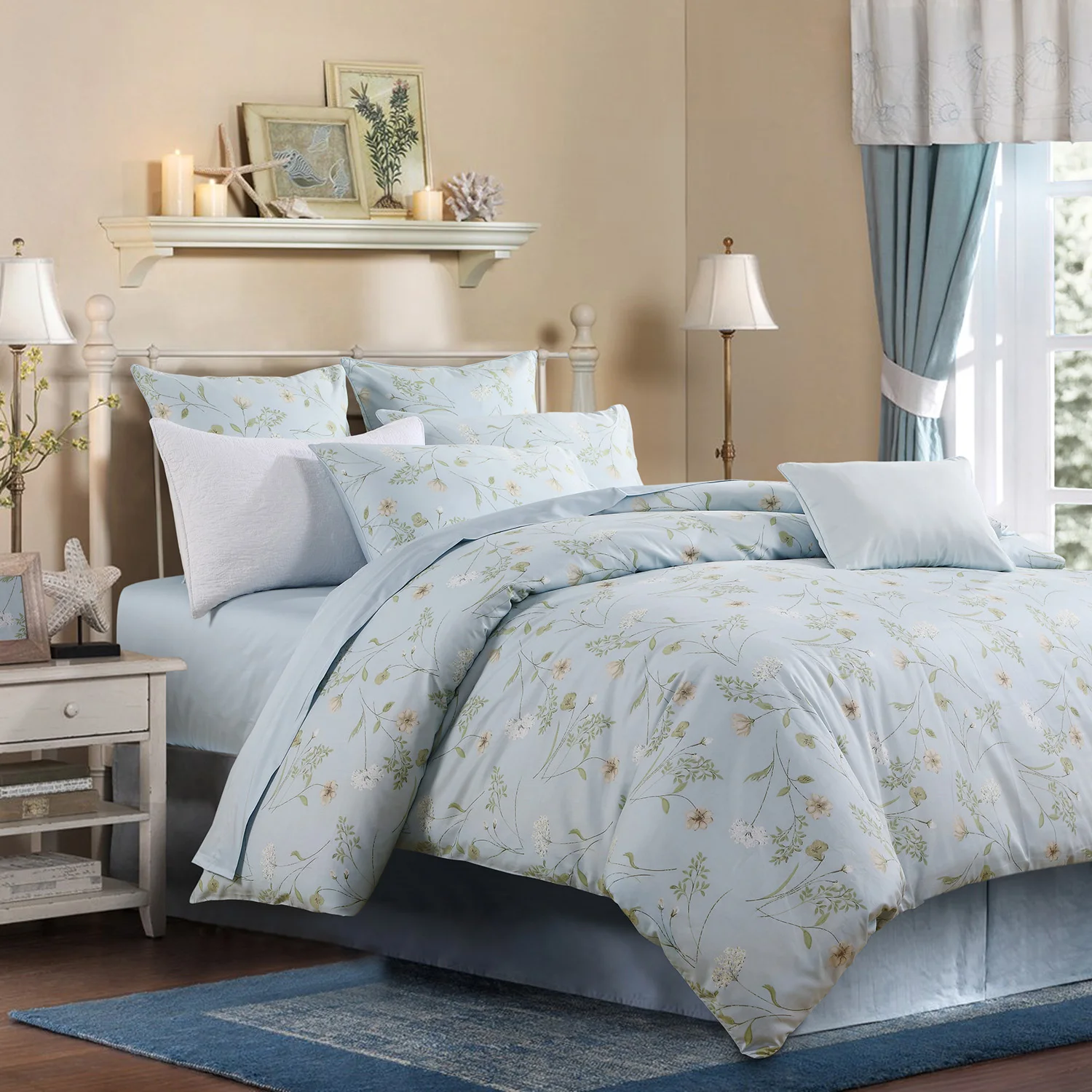 3pcs 600 TC 100% Egyptian Cotton Duvet Cover Set (Without Core), Elegant Floral in Light Blue Shabby Chic , Soft & Skin-friendly