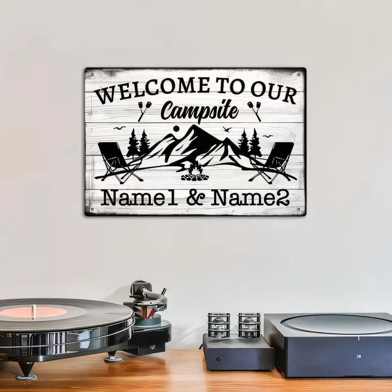Personalized Welcome to Our Campsite Vintage Metal Sign - Black & White Rustic Wall Art (Mountains, Fire, Chairs), Custom Name D