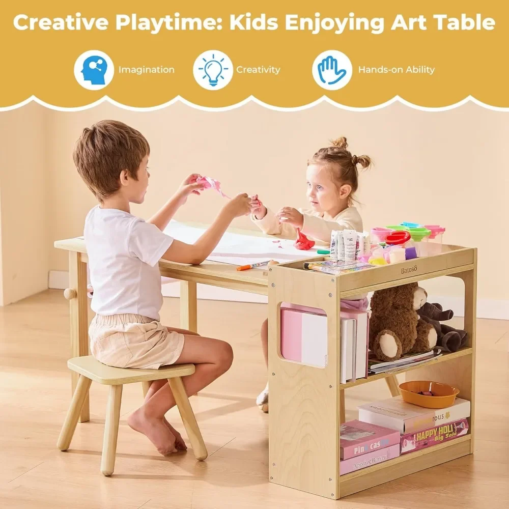 Set tavolo artistico per bambini e 2 sedie con rotolo di carta e portaoggetti, tavolo artigianale per bambini in legno per disegnare, apprendimento e leggere, per bambini