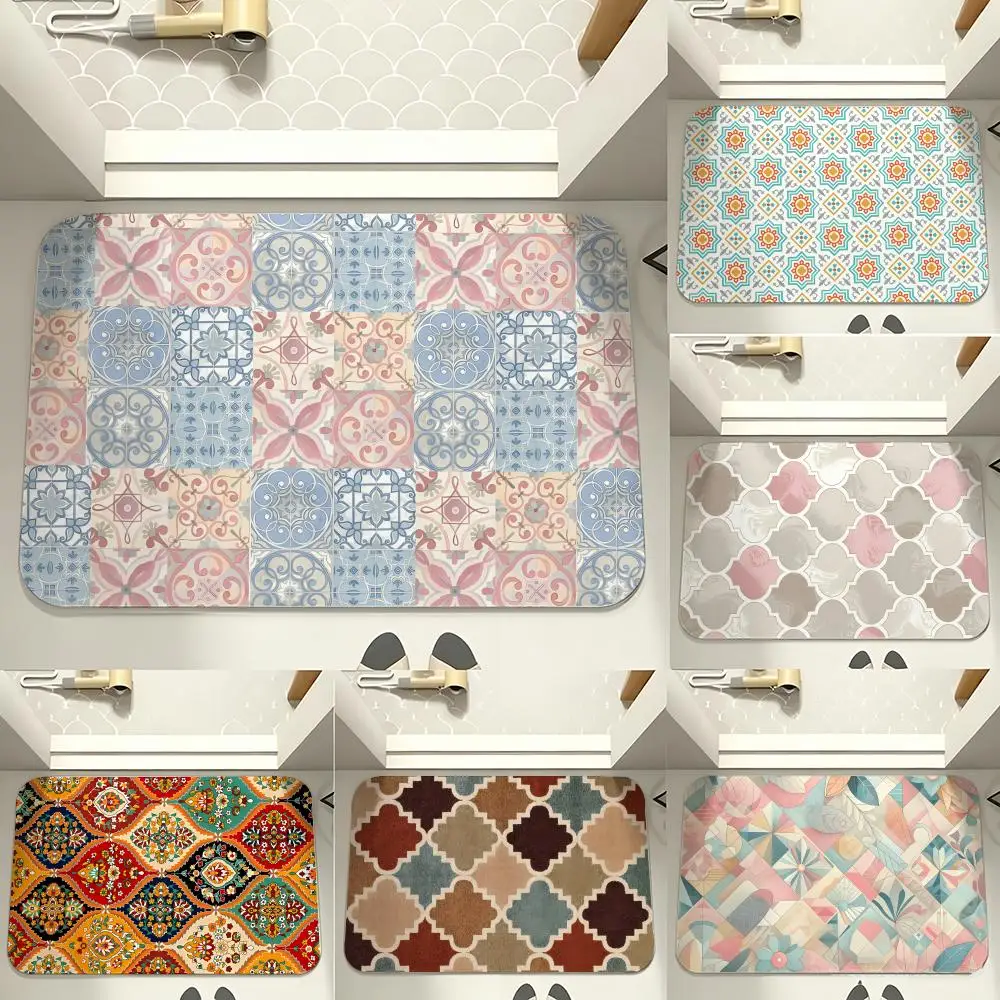 Retro Boho Geometry Floor Mat carpet diatom mud bathroom quick-drying absorbent floor mat household bathroom