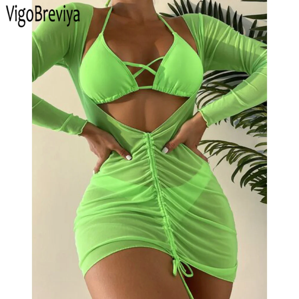 VigoBreviya Sexy Solid Halter 3PCS Mesh Dress Bikini Set Stroje kąpielowe Kobiety 2025 Cross Hollow Push UP Strój kąpielowy plażowy