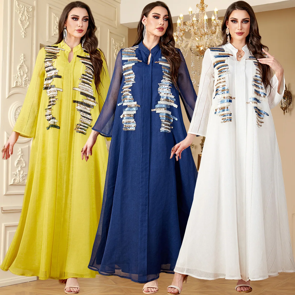 4159 Robe Women's Wear Saudi Muslim Women's Wear V-neck Long Dress Bead Embroidered Dress