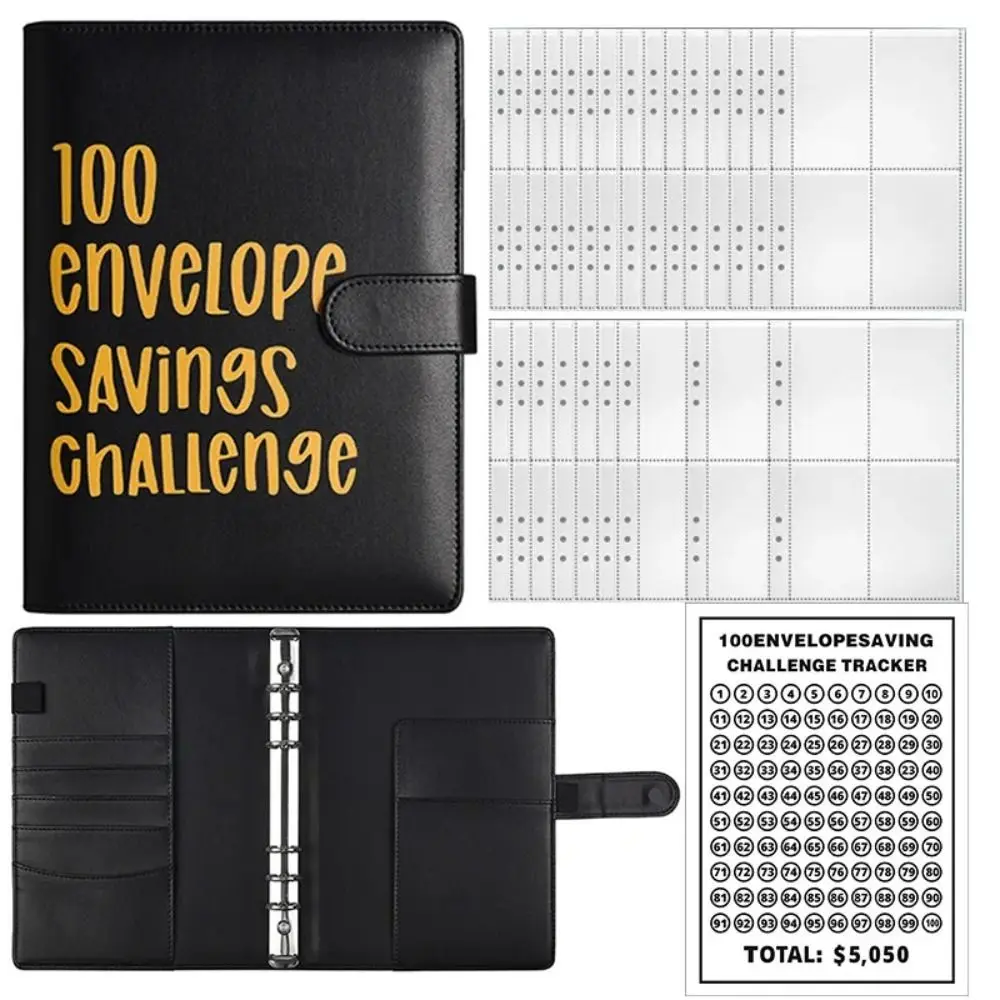 With Cash Envelopes 100 Envelope Challenge Binder Money Saving PU Leather Financial Management Pen Insert Habit Cultivation