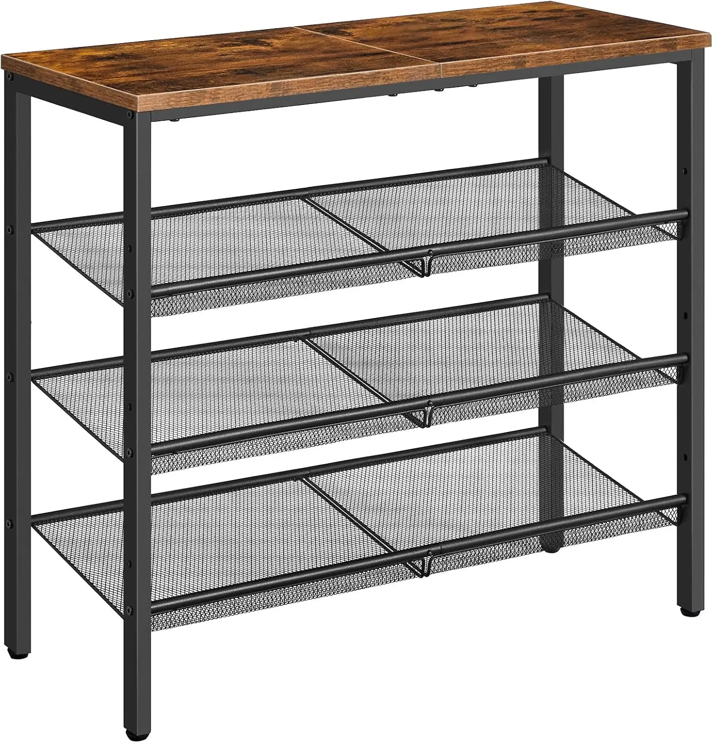 

4-уровневая регулируемая сетчатая полка для обуви, промышленный органайзер в деревенском коричневом стиле для прихожей или шкафа, вмещает 12–16 пар