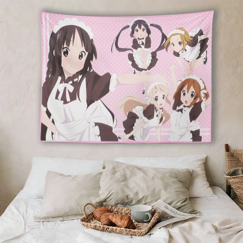 K-On! Maid Outfit Anime Tapestry, Pink Polka Dot Wall Hanging, Yui Mio Ritsu Tsumugi Mugi Decor for Bedroom & Dorm