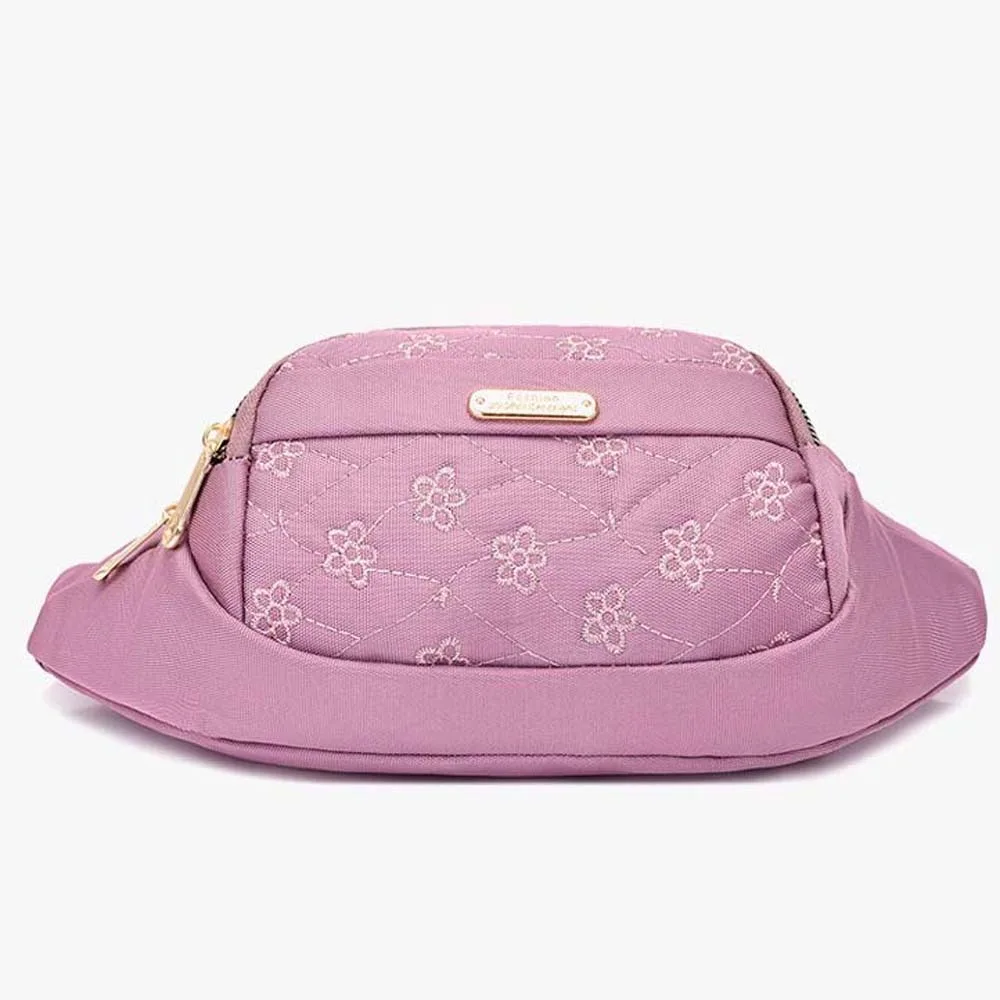 

Waterproof Women Fanny Pack Oxford Cloth Large Capacity Embroidery Bumbag Flower Pattern Multi-functional Outdoor Waist Bag