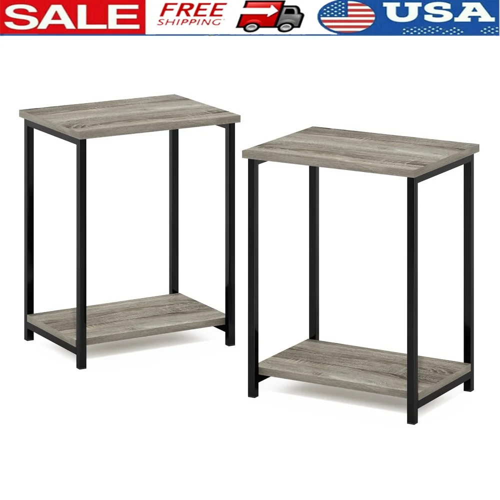 Industrial Metal Frame End Table 2-Pack Rustic Storage Shelves Easy Assembly Indoor Home Decor Modern Design Durable Composite