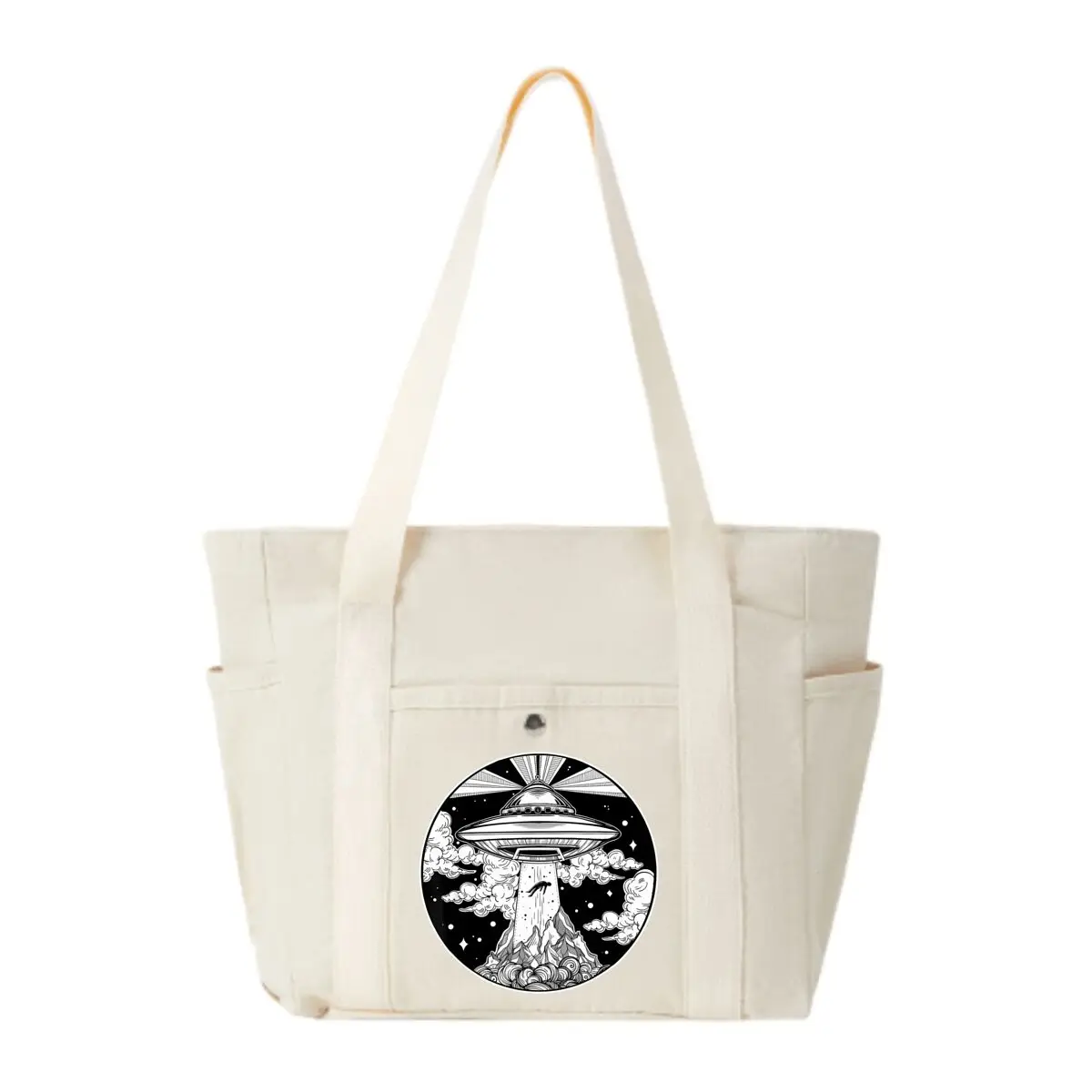 

UFO Abduction Illustration Большая вместительная холщовая сумка для работы, исходящих, высокого внешнего вида, поездок на работу