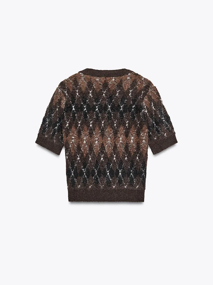 Fall 2025 New Arrival Women's Knitted ort Sve round Ne Jaet Faionable Diamond Pattern Casual Sle Girl's Coat