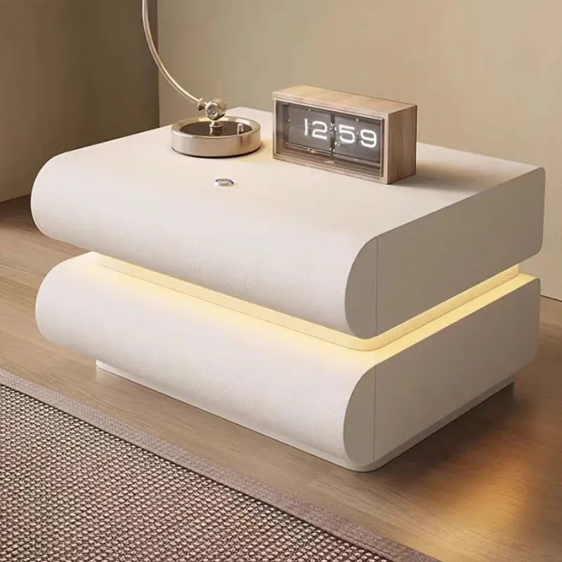 Bedroom Home Internet celebrity Cream white Bedside table with lamp Italian leather black solid wood Bedside storage locker