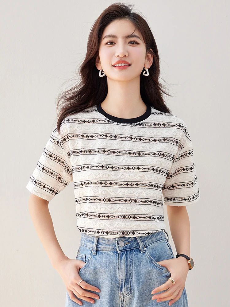 مخطط تي شيرت المرأة عادية تنوعا التي شيرت الصيف الجولة الرقبة تي شيرتات قصيرة الاكمام الكورية موضة فضفاضة