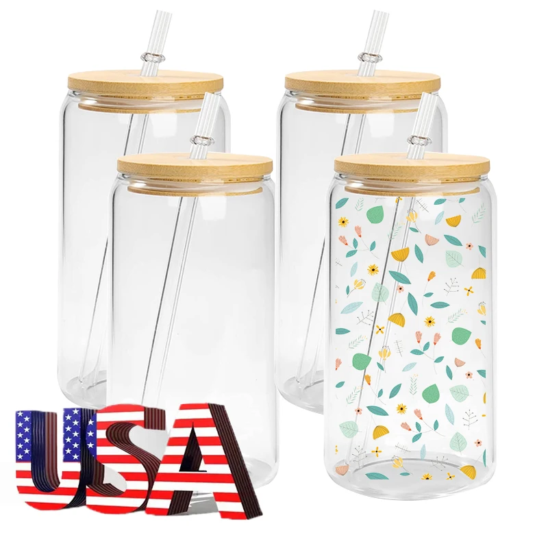 USA Warehouse 16oz Sublimation Glass Heat Press Can Shape Mason Bubble Water Bottle With Bamboo Lid And Straw