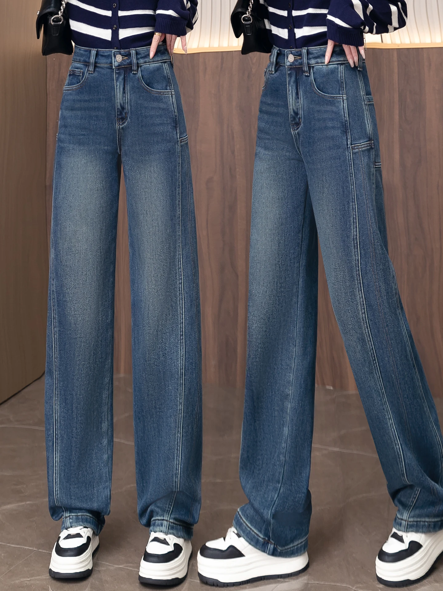 

High Waist Thickened Fleece Lined Wide Leg Skinny Jeans Women's Autumn Winter New Style Retro Knife Denim Pants