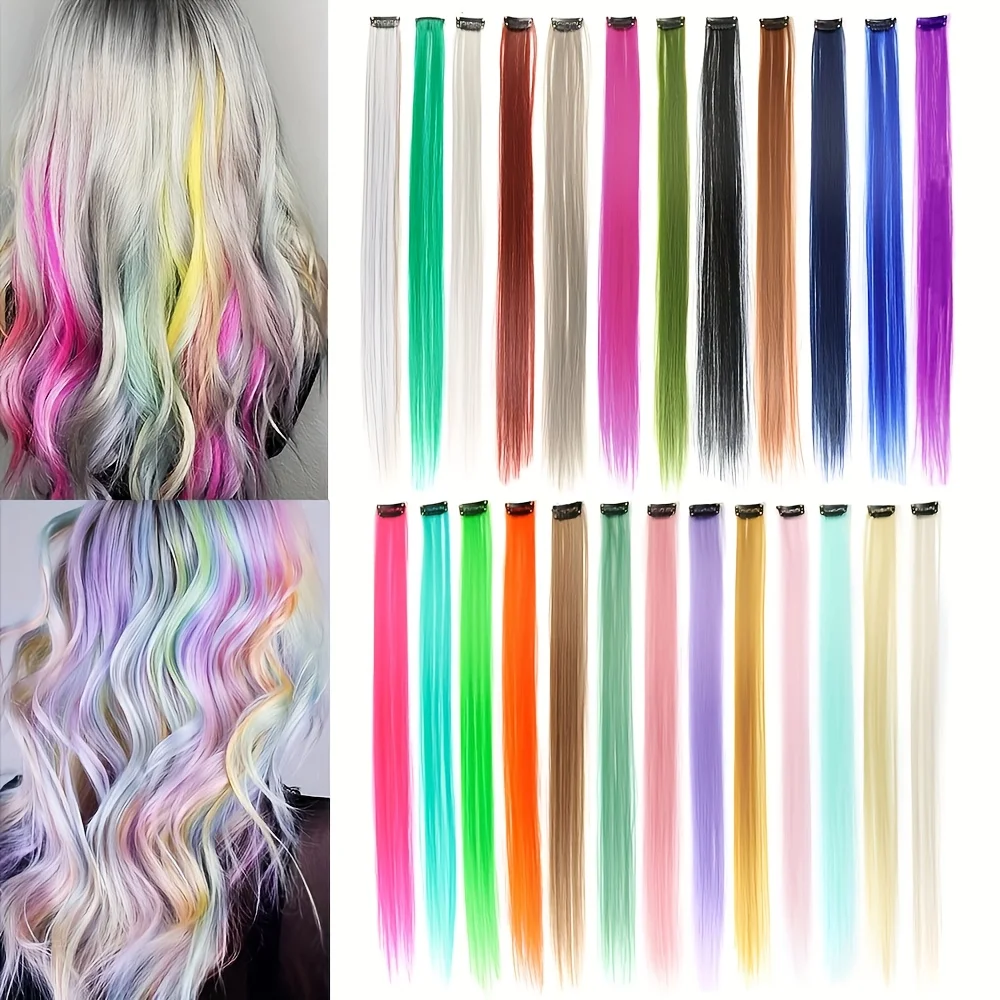 Wig ekstensi rambut palsu panjang Lurus berwarna, wig ekstensi rambut, wig sintetis, Highlight pelangi Y2K, rambut palsu DIY untuk pesta Cosplay