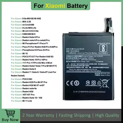 Battery For Xiaomi Redmi Note 10 Pro 9 9S 8 7 For Mi SE Lite 9T Mix 4 Bateria BN57 BN53 BM4Y BM4J BM3L BM4E BM4F BN4A BN55