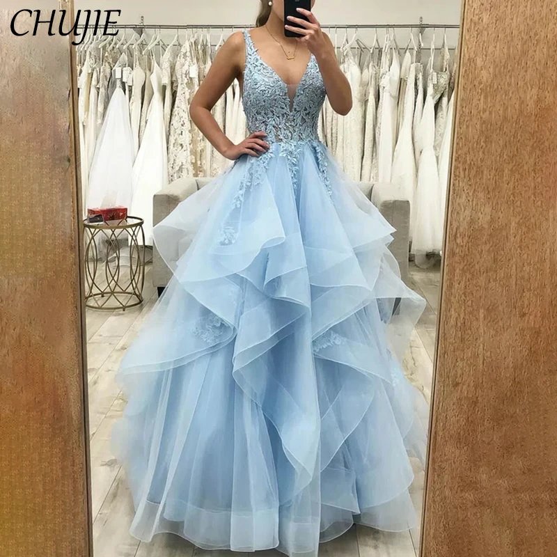 

Sky Blue Applique Women Prom Dress V Neck Evening Dresses Summer Beach Wedding Party Gowns Customized Celebirty Birthday Dress