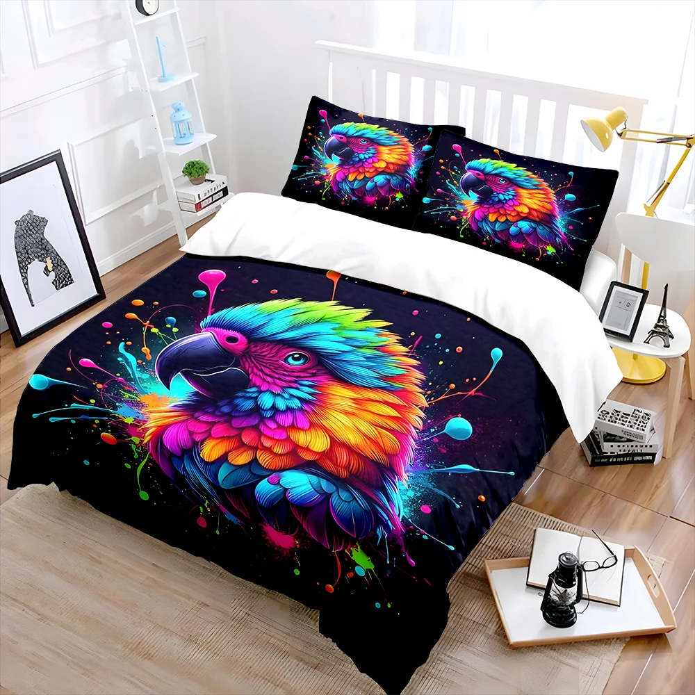 Colorful Splash Parrot Art Portrait Print Bedding Set 1 Duvet Cover 2 Pillowcases for Adult and Children Luxury Gift Full Size