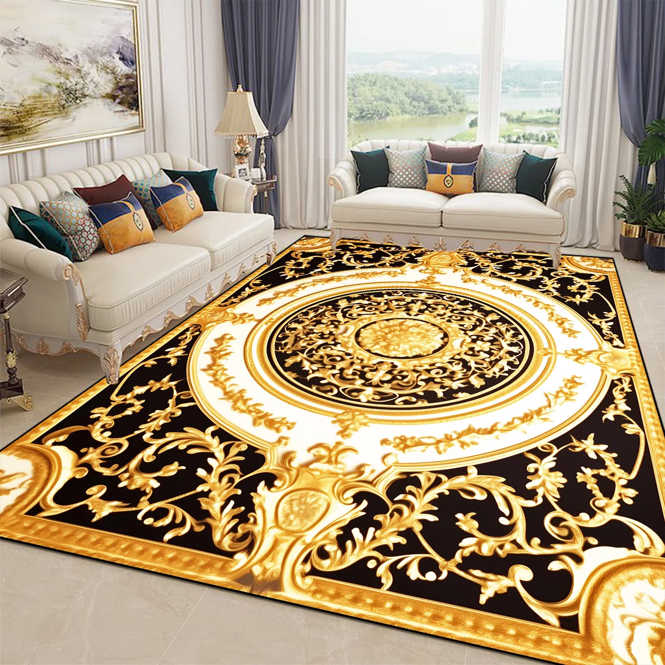 Golden Luxury Carpet for Living Room Large Area European Decoration Home Sofa Side Floor Mats Non-slip Washable Rugs for Bedroom