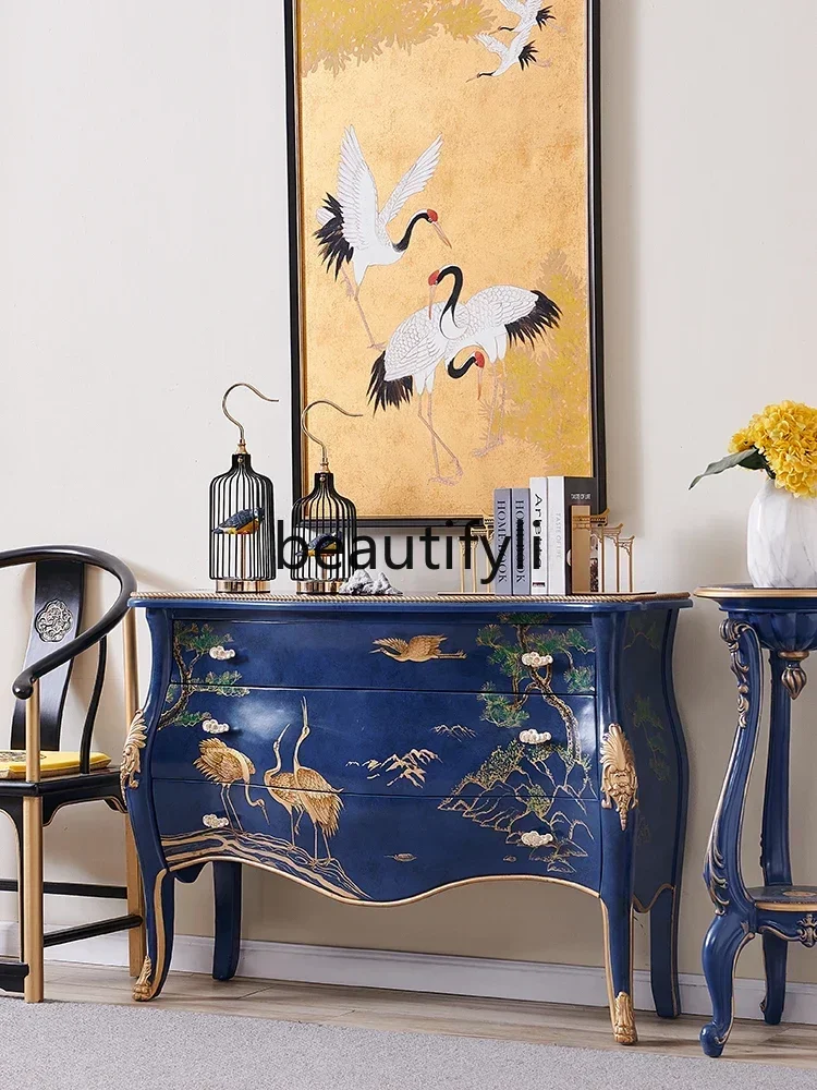 

CSolid wood painted crane royal blue luxury entrance cabinet new Chinese corridor aisle decorative cabinet