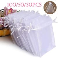 100/50/30pcs White Organza Bags Jewelry Packaging Wedding Party Gift Bags Drawstring Candy Pouches Christmas Small Bag Storage