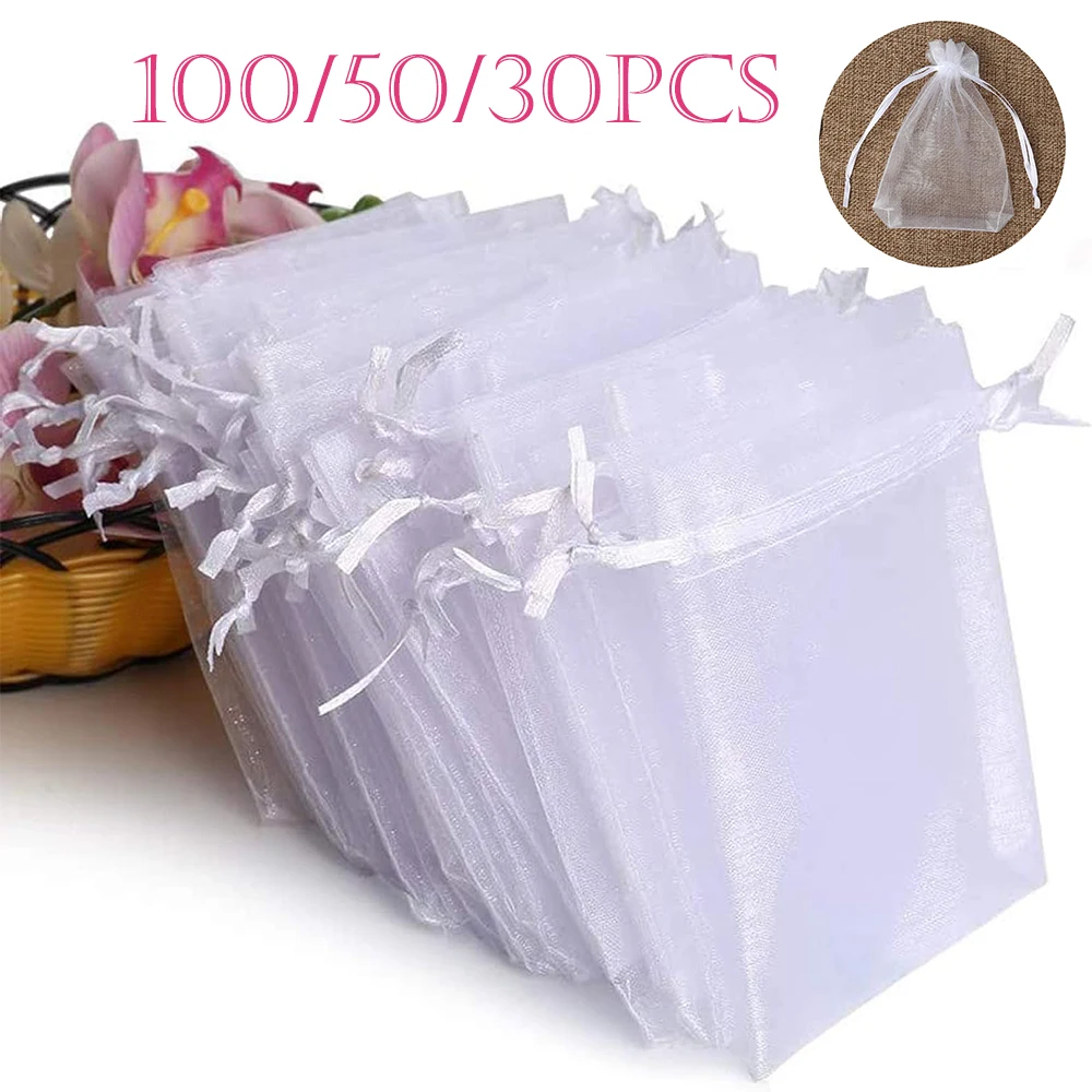 100/50/30pcs White Organza Bags Jewelry Packaging Wedding Party Gift Bags Drawstring Candy Pouches Christmas Small Bag Storage