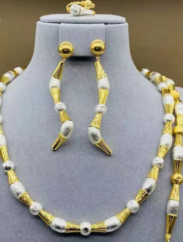 New In 18K Gold Plated Bamboo Beads Jewelry Set 3Pcs Necklace Earrings Ring, Luxury Wedding Party Statement Jewelry for Women